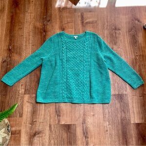 Talbots Crew Neck Fisherman Cable Knit Sweater Womens 3XL Green Blue Cotton Aran